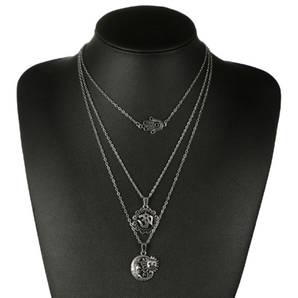 Silver Tone Sun Pendant Multilayer Necklace - Picture 2 of 3